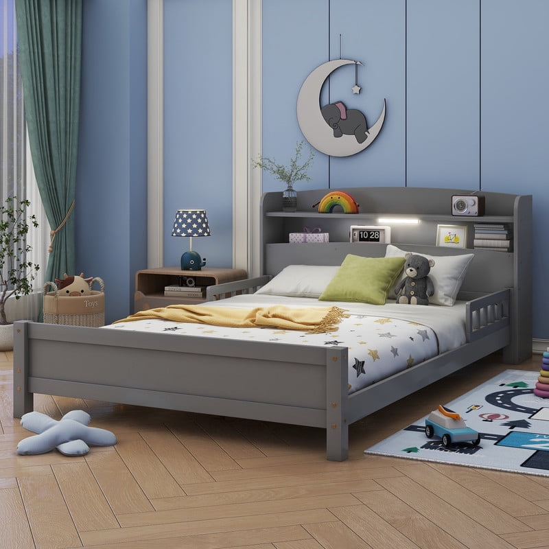 Full Size Bed Frame with Storage , Wood Full Bed with LED Lights and Storage Headboard, Full Size Platform Bed with Slats Support ,No Box Spring Needed, Grey