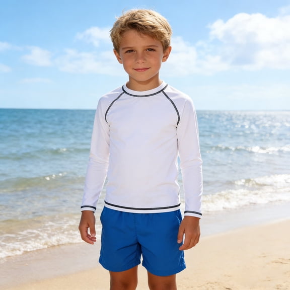 Xdegoge Kids Boys Long Sleeve Athletic Swim Top Casual Basic Rash Guard Contrast Stitching Stretchy Quick Dry Surf Shirt Childrens Beach Vacation Activewear Outfits