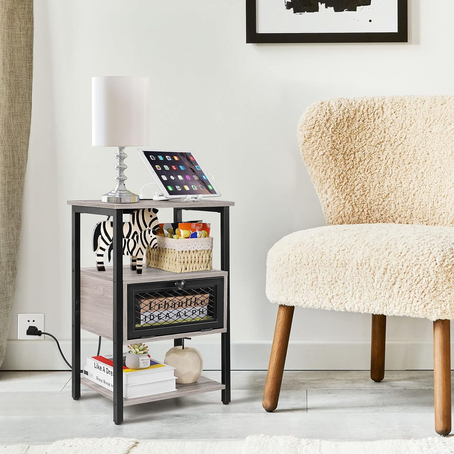 Nightstand with Charging Drawer Side Table Gray