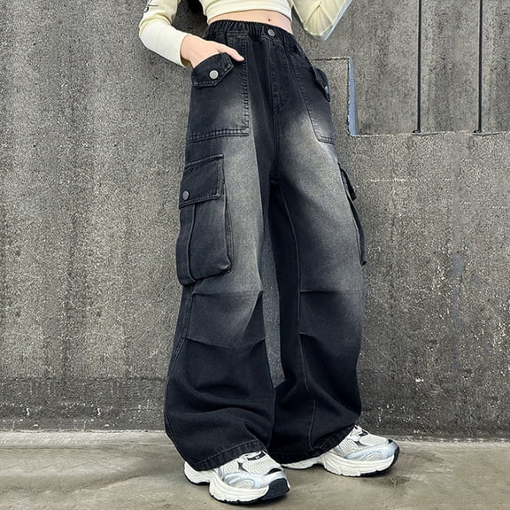 Teen Jeans for Girl Baggy Pants for Girls High Waist Denim Pants with Pockets Straight Leg Jeans Clothes For Kids 12-13 Years