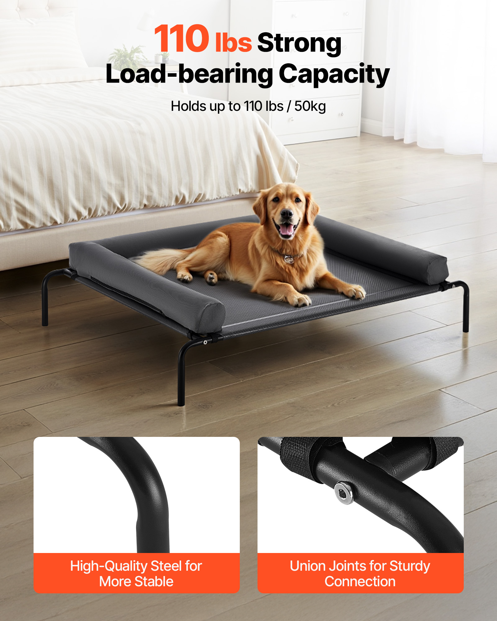 VEVOR Elevated Dog Bed for Large Dogs, Portable Raised Dog Cot with Washable Pillow, Indoor & Outdoor Pet Cooling Raised Hammock Bed with Steel Metal Frame and Breathable Teslin Mesh, XL, Gray