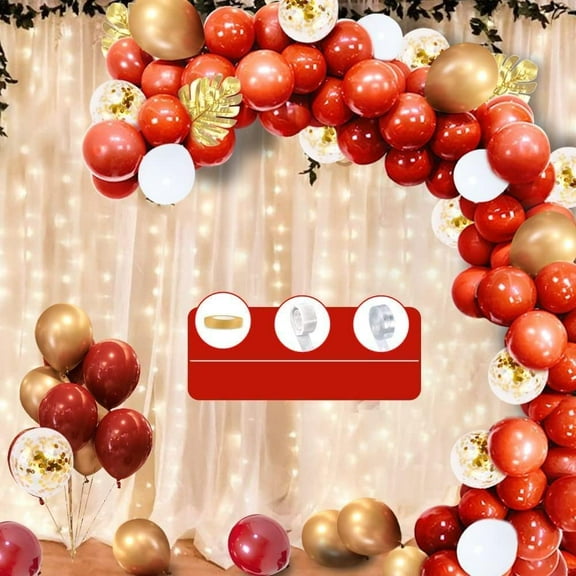 MMTX Red Gold Balloon Arch Kit, Ruby Red Balloon Garland Kit with White Metallic Gold Confetti Latex Balloons, Palm Leaves for Engagement Wedding Valentine's Day Proposal
