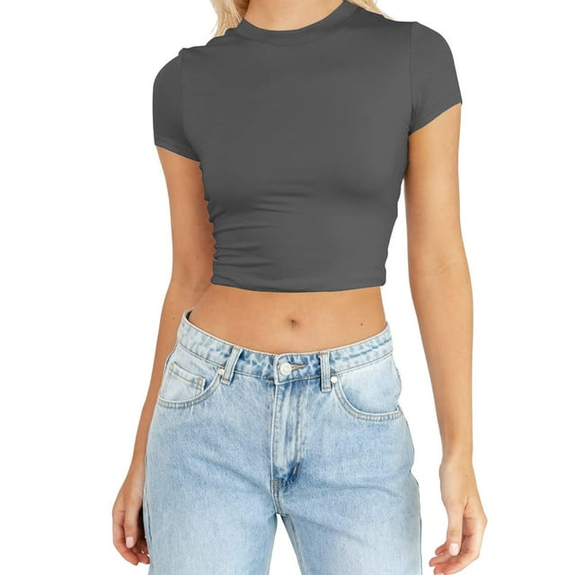 WEIYLL T-Shirts pour Femmes Été Manches Courtes Mignon Crop Basique Col Rond Ajusté Gris Foncé Tailles G