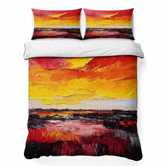 Abstract Art 3 Piece Quilt Bedding Set with 2 Pillow Shams, Red Black Color Block Lightweight Bedspread Coverlet, Soft Breathable All Season Quilt, 68 x 86 Inch
