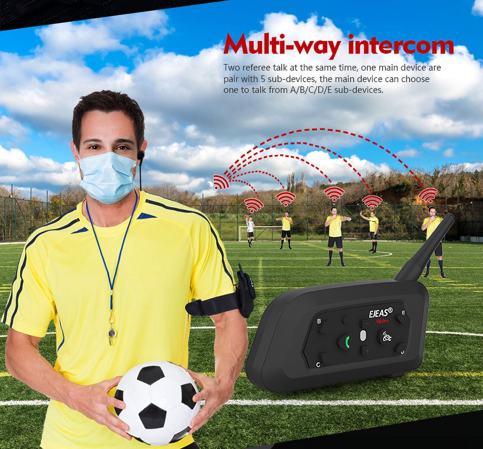 2PC EJEAS V6C Professional Football Referee Bluetooth Intercom, 2 People Wireless Bluetooth Headset with Running Armband