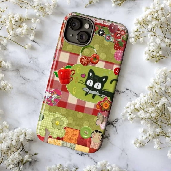 Whimsical Cat and Floral Collage Phone Case, Colorful Nature and Cute Icons iPhone Cover, Artistic Protective Case for iPhone 17 16 15 14 13 12 11 Pro Plus Mini