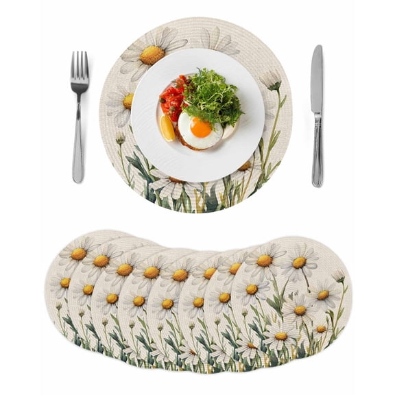 White Daisy Floral Round Table Placemats set of 8, Rustic Washable Woven Place Mats for Dining Tables Kitchen Party Decor,Heat Proof, 13in,