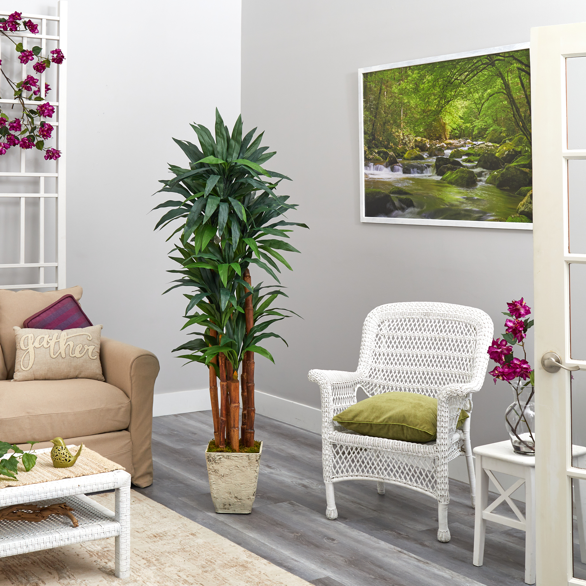 Nearly Natural 69in. Dracaena Artificial Tree in Country White Planter