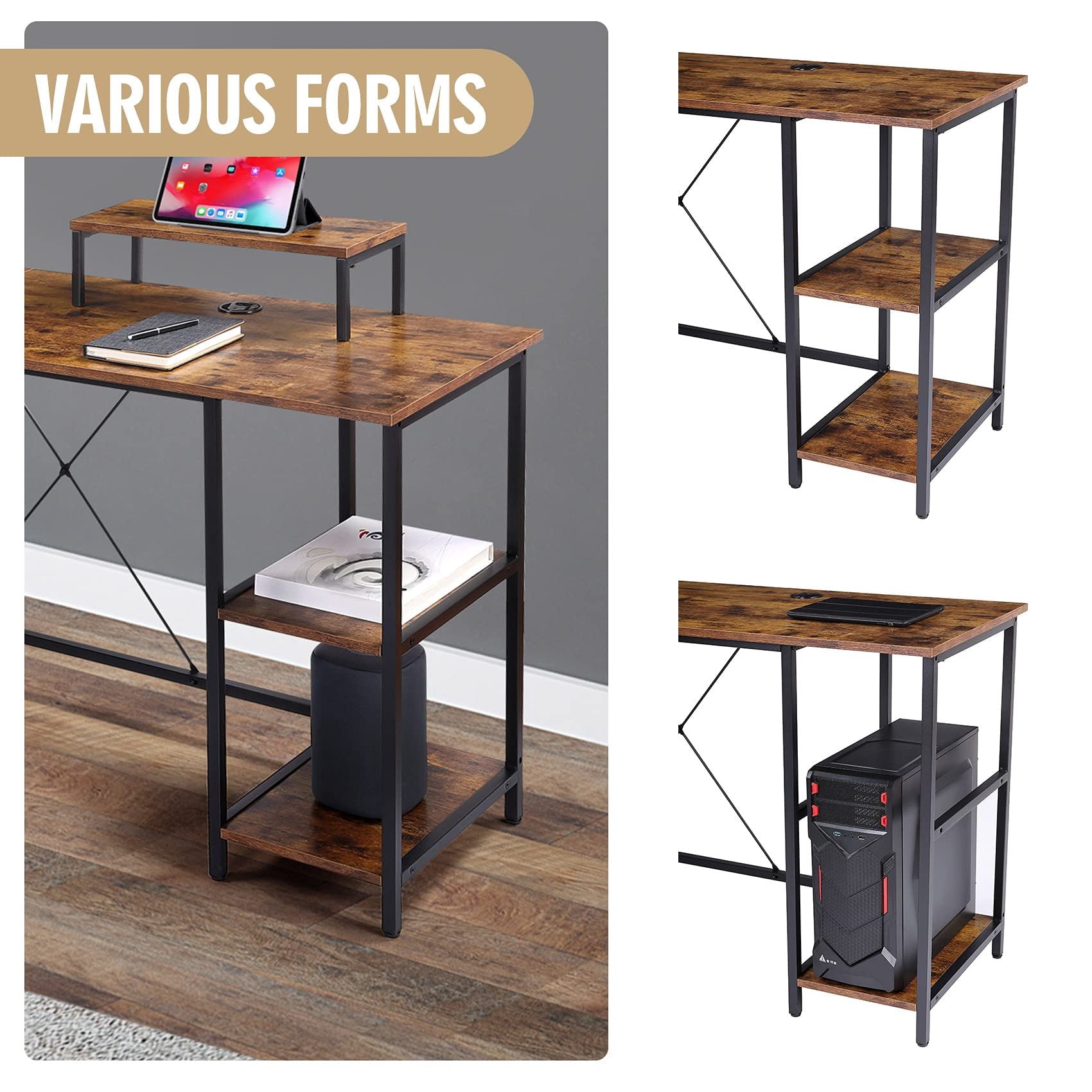 UNICOO® L Shaped Computer Desk, Modern Corner Computer Desks with CPU Stand, L Shaped Game Table with Storage Shelves, Study Writing Desk (SYK-03-L-RB) Rustic Brown