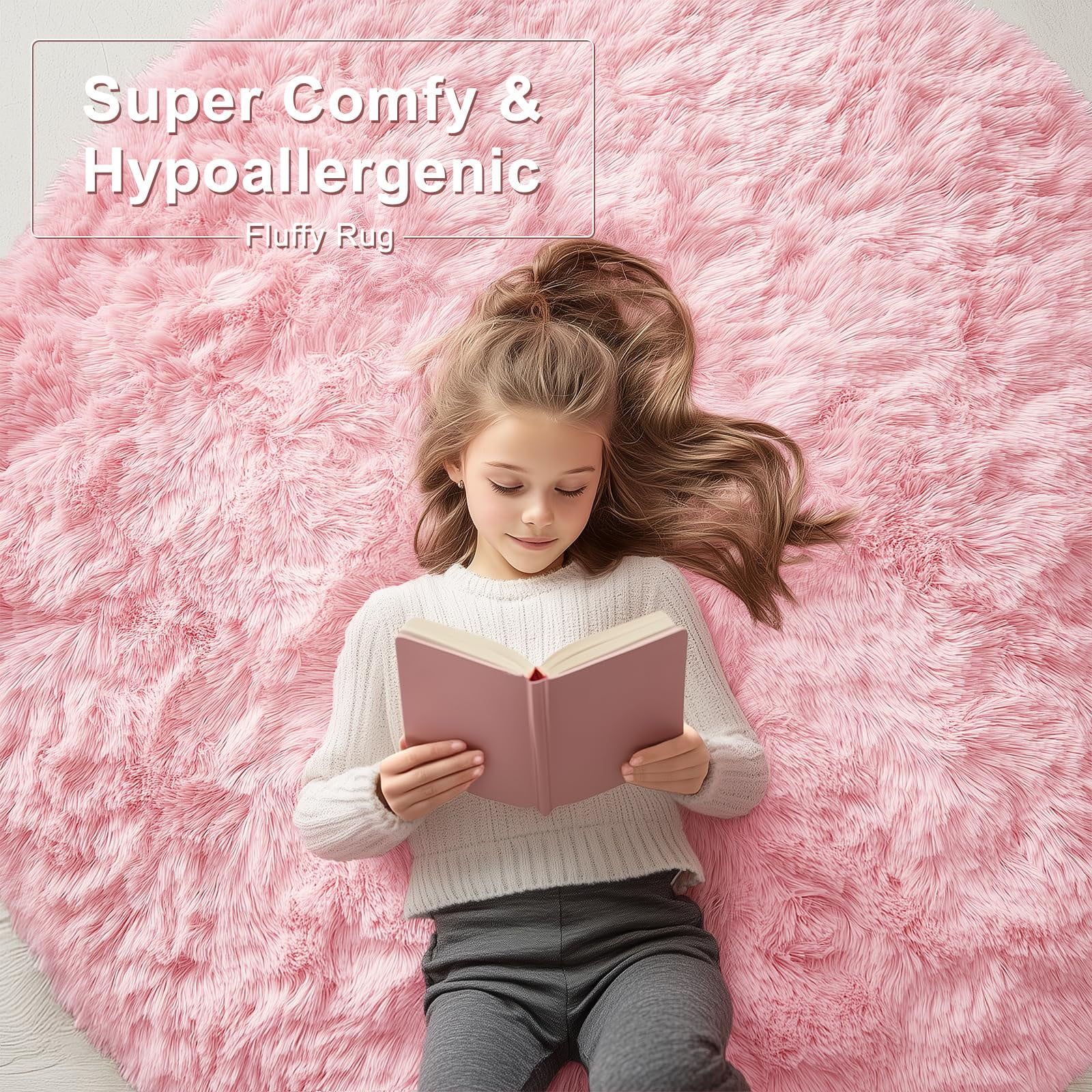 Buganda Fluffy Area Rugs, Round Area Rug for Living Room, Soft Decorative Carpet for Indoor Home, 5'x5', Pink
