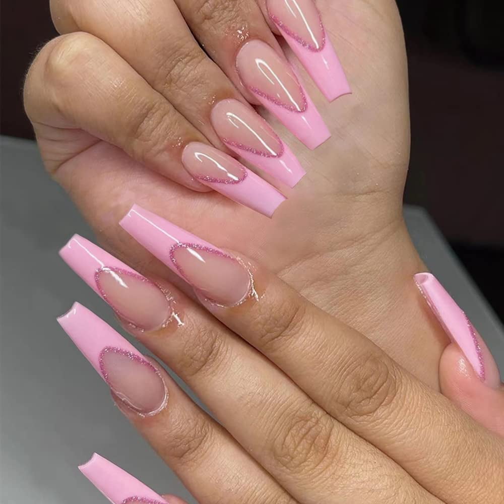 French Tip Press on Nails Medium Coffin Fake Nails Nude False Nails with  Long Length Design Glossy Stick on Nails for Women - Walmart.com