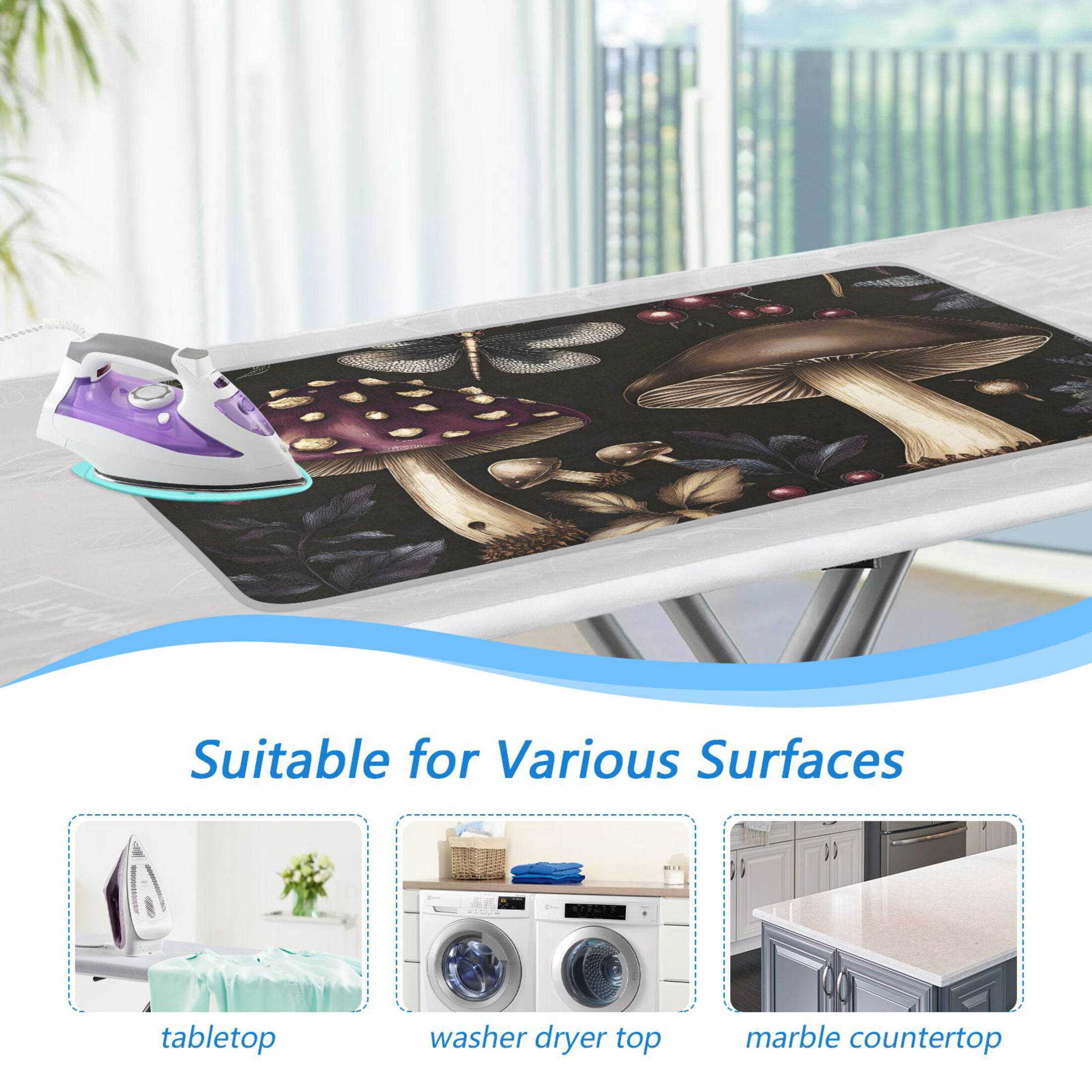 Mushrooms and Leaves Vintage Ironing Mat Blanket for Table Top Travel Portable Ironing Board Pad 47.2x27.6 Inch