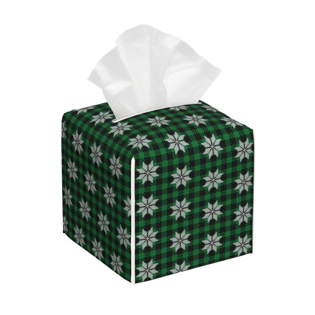Fotbe Green Buffalo Plaid Merry Christmas Porta Pañuelos Decorativo de Cuero, Caja Cuadrada Moderna para Pañuelos Faciales, Organizador y Dispensador 5x5x5''