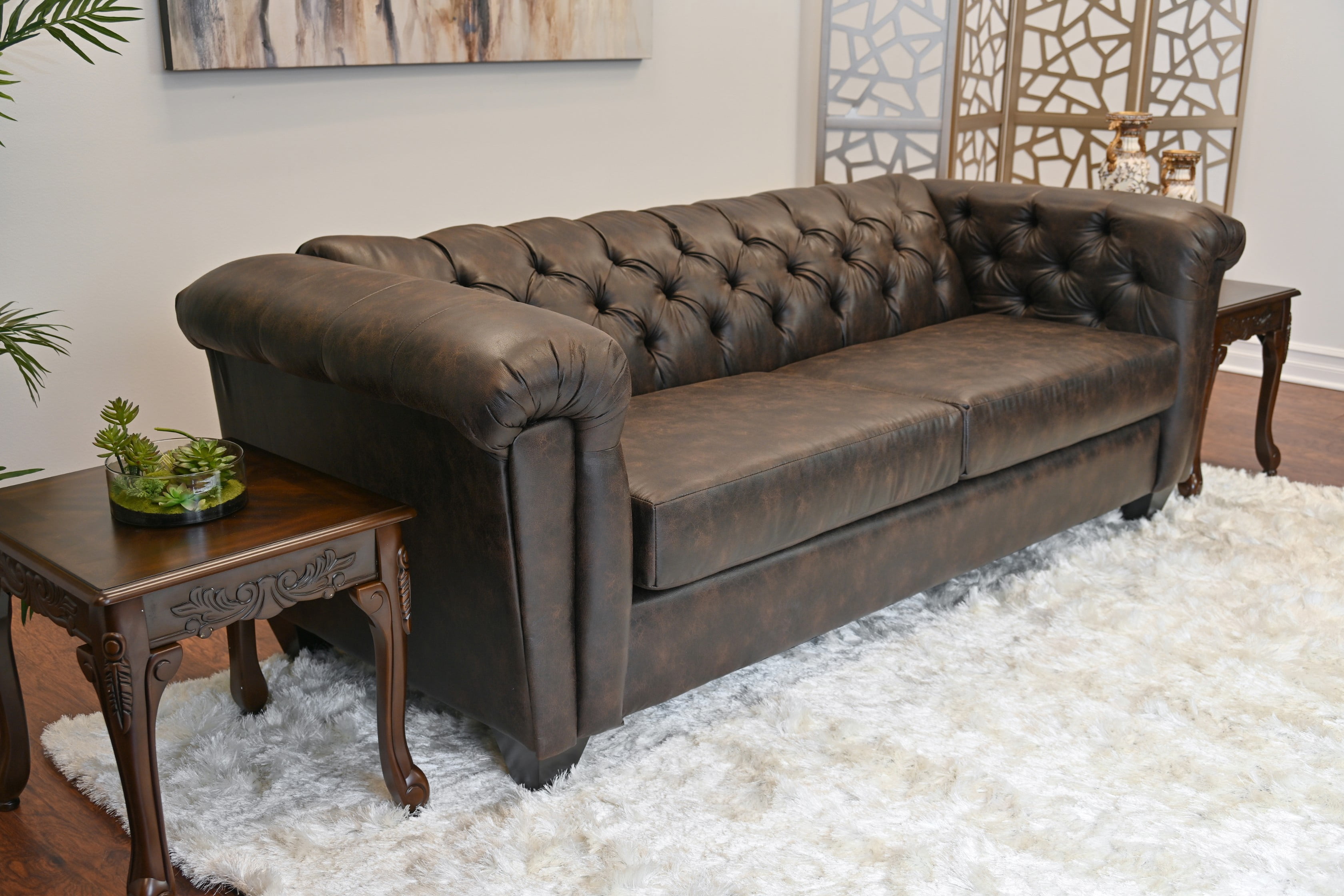 Roundhill Horton Faux Leather Chesterfield 3-Piece Living Room Set, Sofa Loveseat and Chair, Ridgeline Brownie