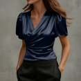 thumbnail image 2 of Sillenn Women's Satin V-Neck Blouse Puff Short Sleeve Wrap Front Ruched Waist Top Silky Slim Fit Elegant Shirt Satin Silk Shirt Dressy Casual Office Work Tops Trendy Going Out Cropped Blouses Navy L, 2 of 7