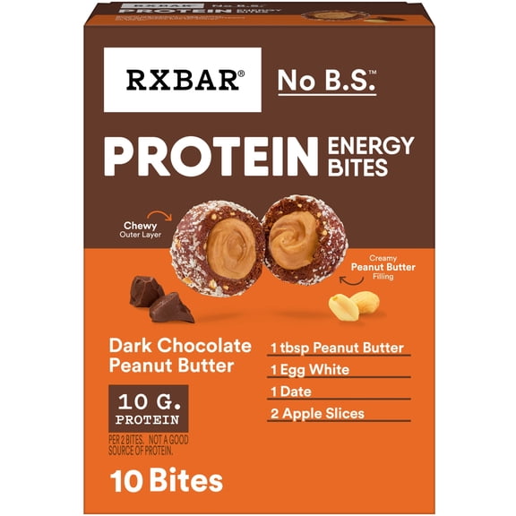 RXBAR Protein Energy Bites, Dark Chocolate Peanut Butter Gluten-Free Protein Balls, 10 Count