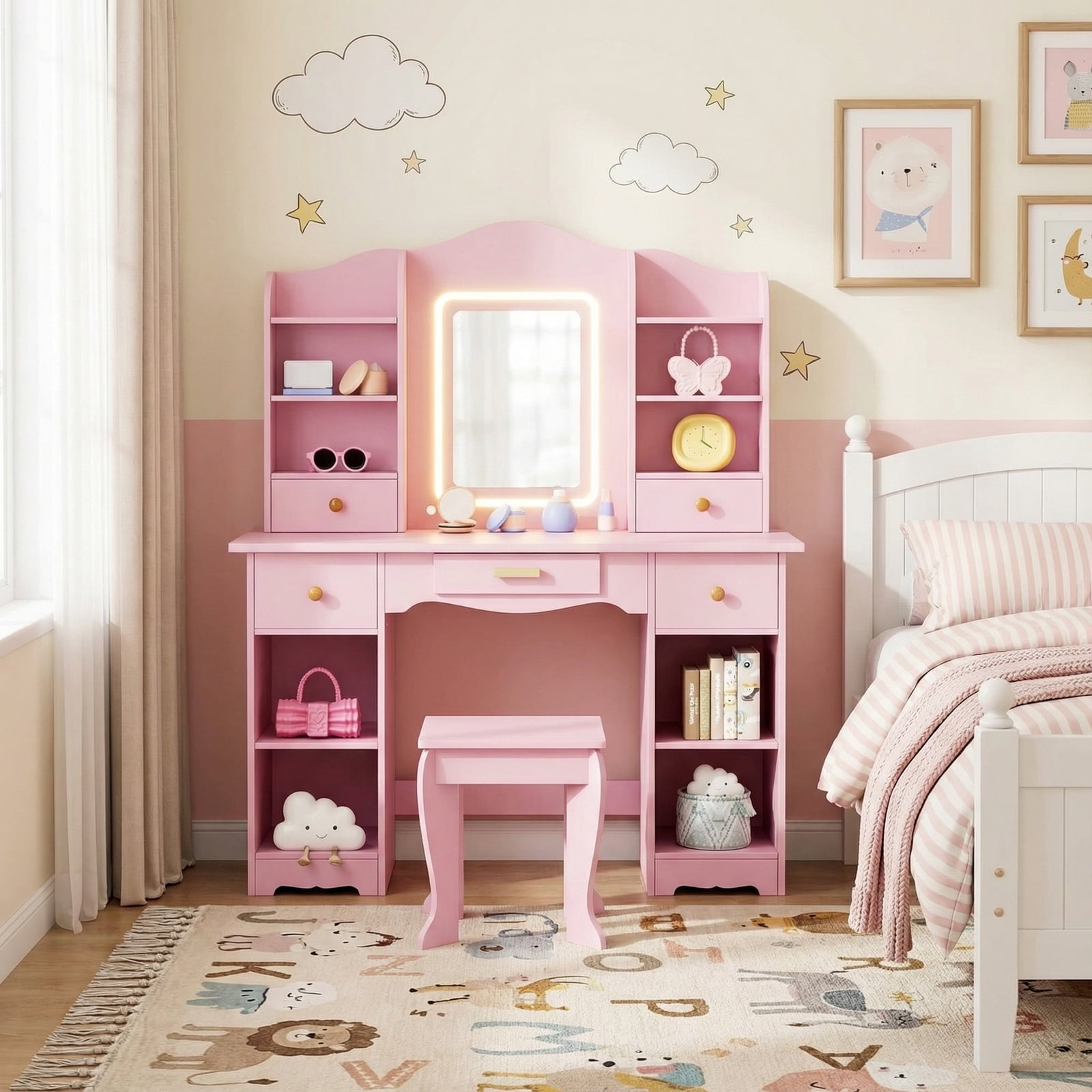 Pirecart Kids Vanity Set, Children Dressing Table and Chair with Mirror Drawer, 3 Color Lights, Large Storage, Detachable Shelf, Pink