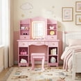 thumbnail image 3 of Pirecart Kids Vanity Set, Children Dressing Table and Chair with Mirror Drawer, 3 Color Lights, Large Storage, Detachable Shelf, Pink, 3 of 10