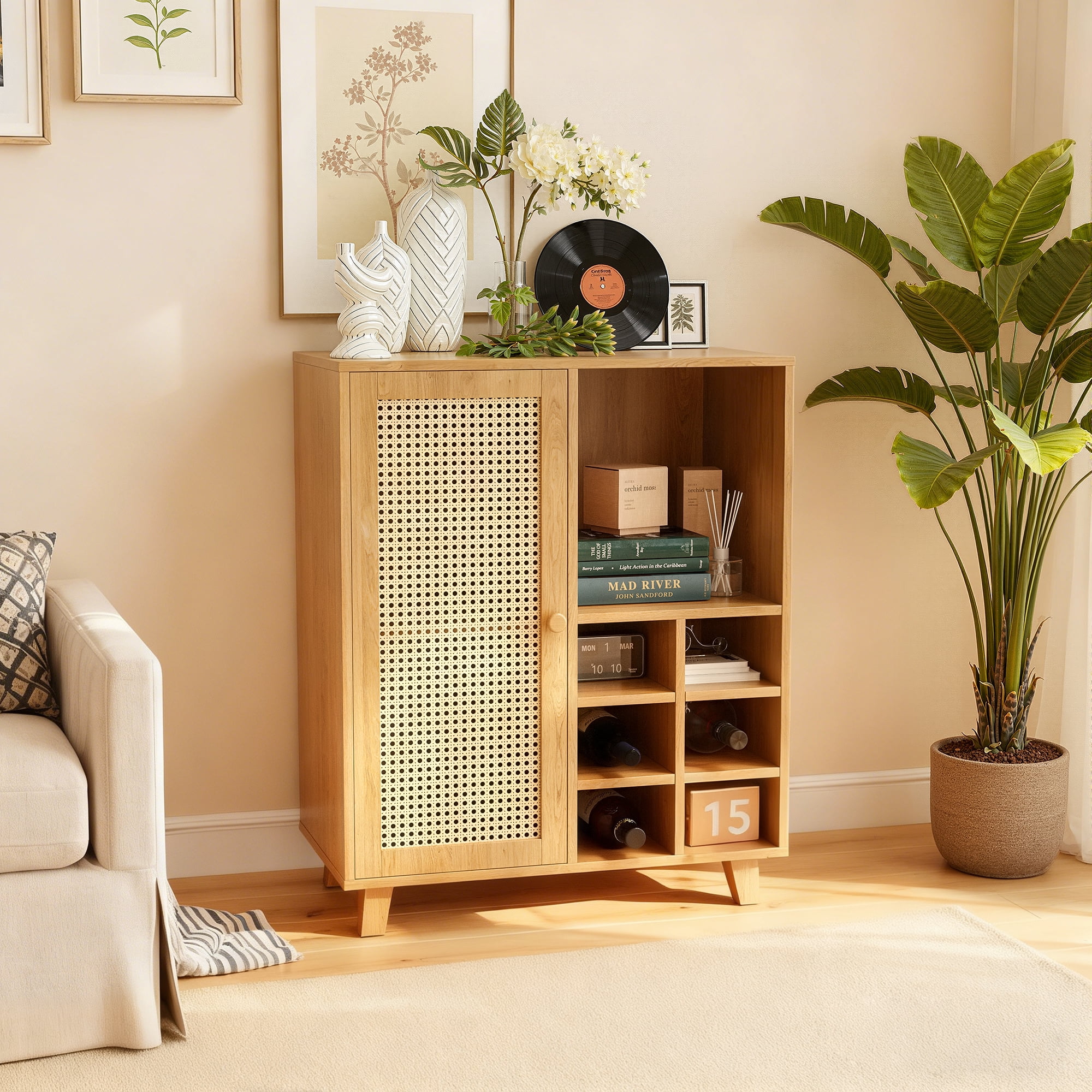 MAYEERTY Rattan Sideboard Cabinet with Wine Racks, Versatile Storage for Kitchen & Entryway, Natural