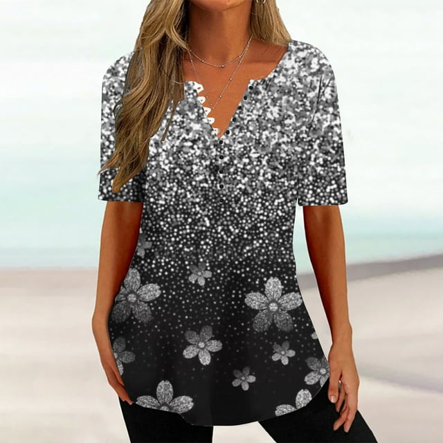 Puntoco 2024, tops a la moda de verano para mujer, blusas informales holgadas con estampado de cuello en V de verano para mujer, blusas con botones y cuello en V de manga corta, tops