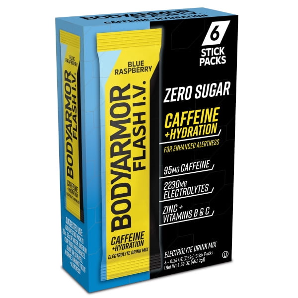 BODYARMOR Caffeine Flash IV Blue Raspberry flavored Electrolyte Mix, 0.28 oz Pouches, 6 Pack
