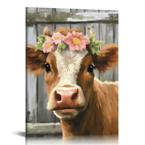 COMIO Country Bathroom Cow Canvas Wall Art Farmhouse Animal Pictures Wall Decor for Bedroom Framed Modern Artwork for Office Rustic Retro Home Decoration