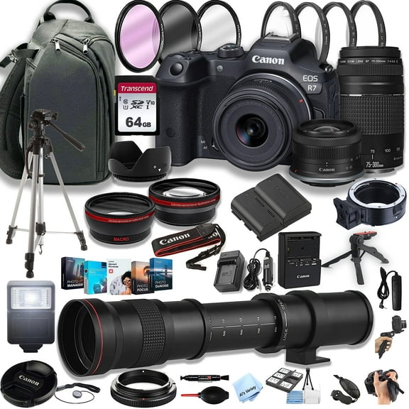 Canon EOS R7 Mirrorless Digital Camera with RF-S 18-45mm, 75-300mm, and 420-800mm Lenses, 32.5 MP, Professional Photo Bundle