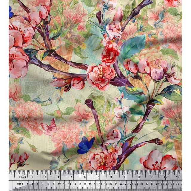 Soimoi Orange Polyester Crepe Fabric Insect,Peach & Pink Floral Decor Fabric Printed BTY 52 Inch Wide