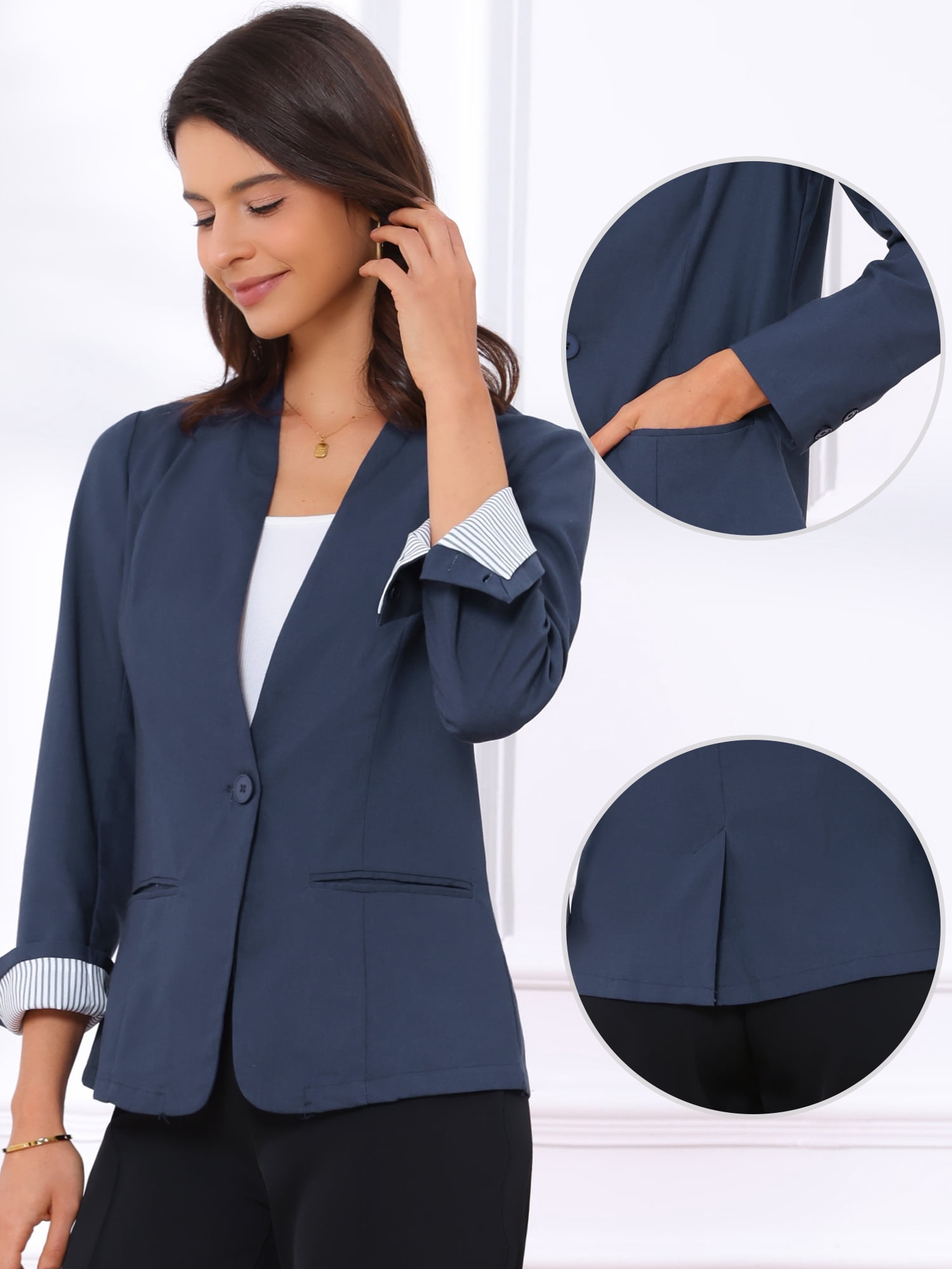 DARING DIVA Women's Linen Lightweight Long Sleeve Single Breasted Blazer M Navy Blue