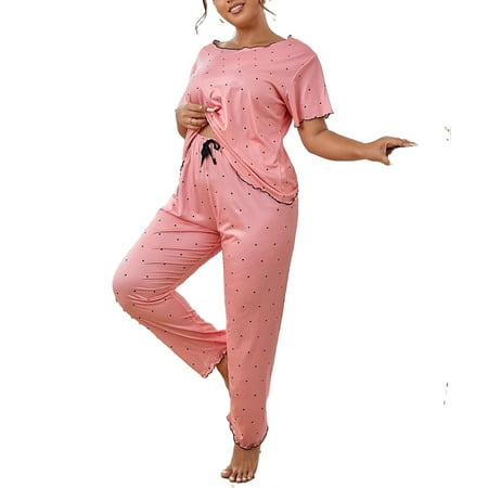 

Polka Dot Round Neck Pant Sets Short Sleeve Pink Plus Pajama Sets (Women s)