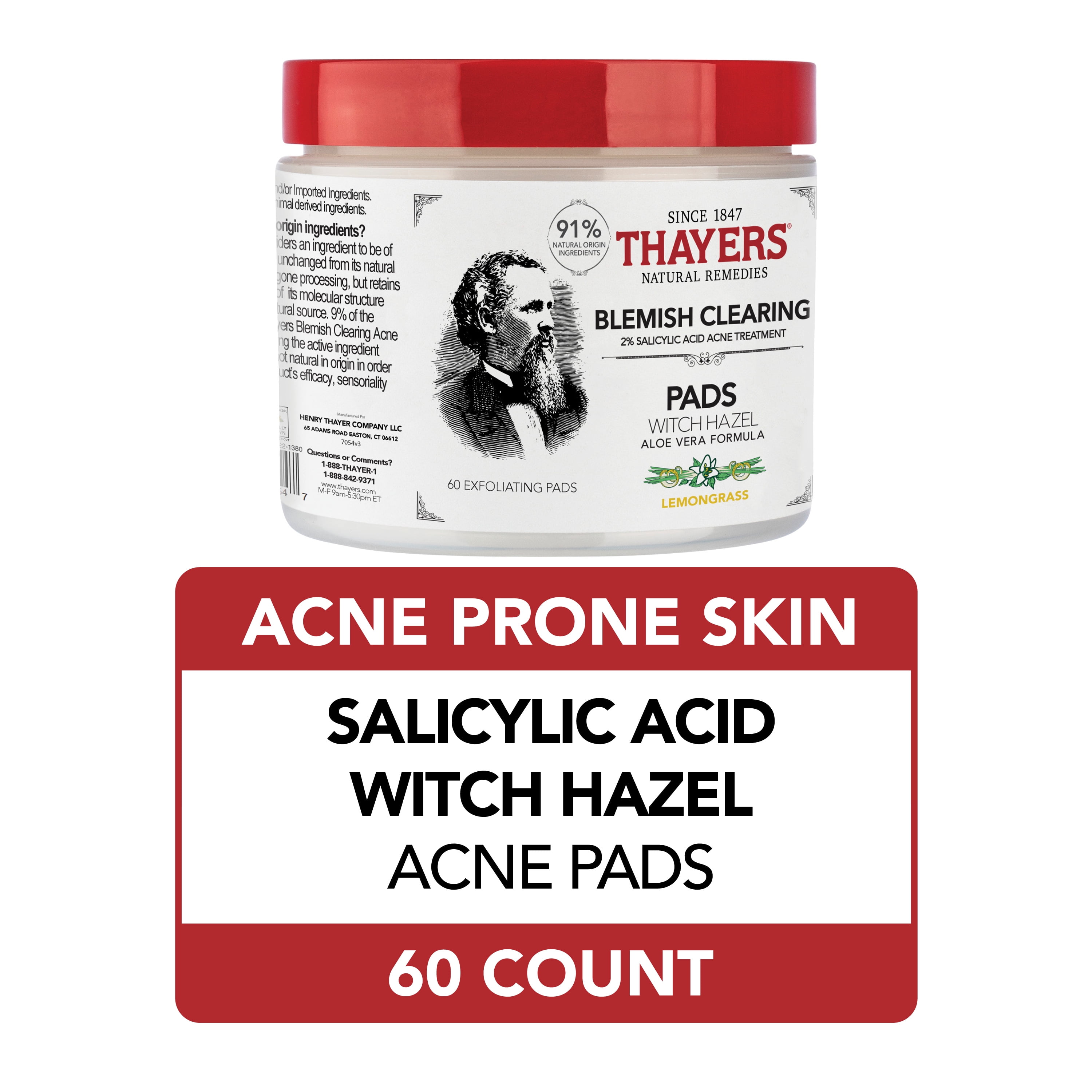 Thayers Blemish Clearing Salicylic Acid and Witch Hazel Acne Pads, 60 Count