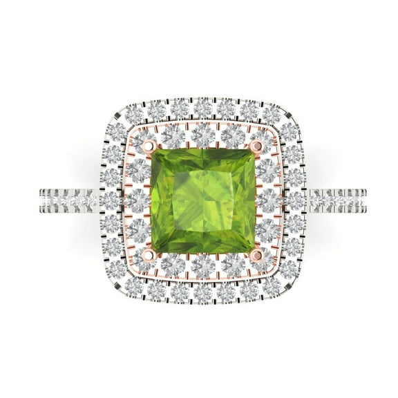 2.07 ct Princess Cut Natural Peridot with Simulated Diamond Halo Accents 14K White/Rose Gold Womens Engagement Ring