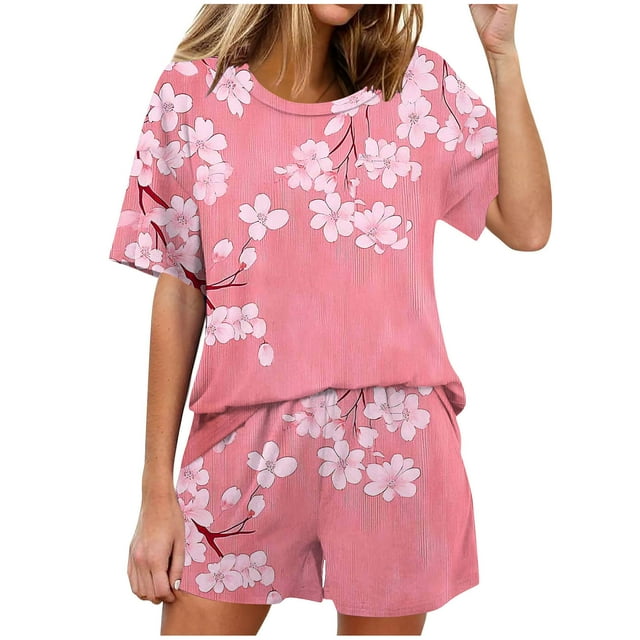 Conjunto de Pijama de las Mujeres de Moda Casual Color Sólido Casa Manga Corta Cuello Redondo Superior Y Pantalones, Ropa de Salón