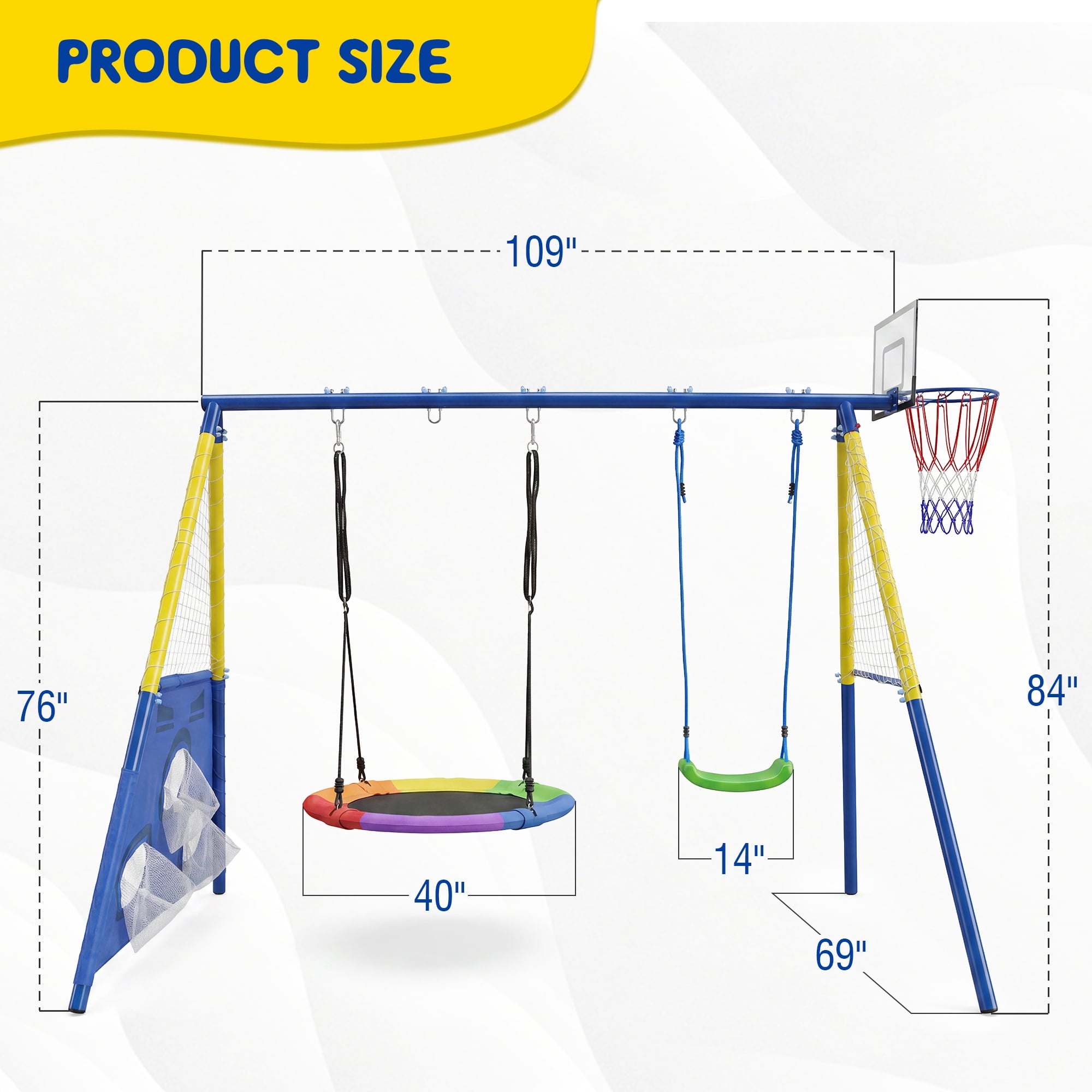 5-in-1 Kids Metal Swing Set with 2-Person Saucer Swing, Belt Swing, Basketball Hoop & Soccer Goal, Heavy Duty 600 LBS Backyard Playground for Toddlers Children Ages 3-10