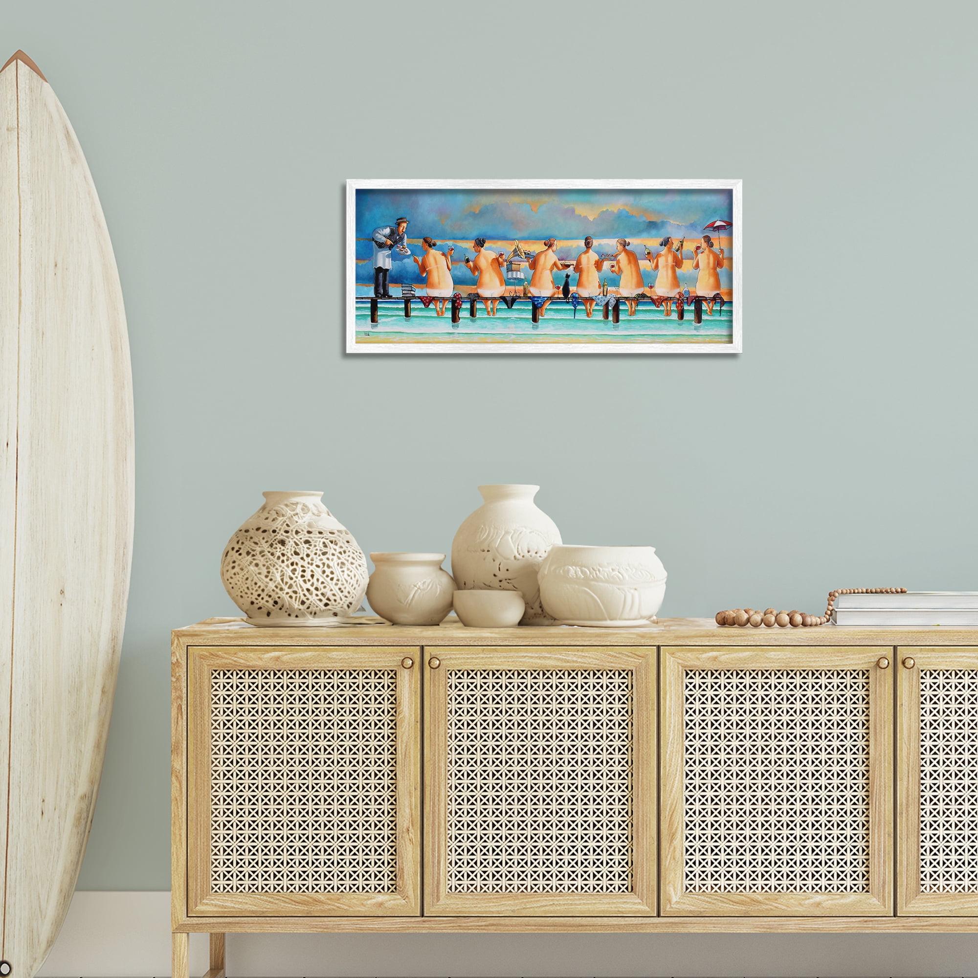 Stupell Industries Ladies Enjoying Beach Novelty Painting White Framed Art Print Wall Art, 30 x 13