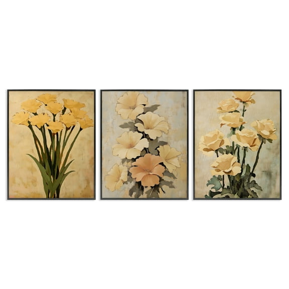 Stupell Industries Vintage Yellow Daffodils & Roses Floral Painting Black Framed Art Print Wall Art, 11 x 14, Set of 3