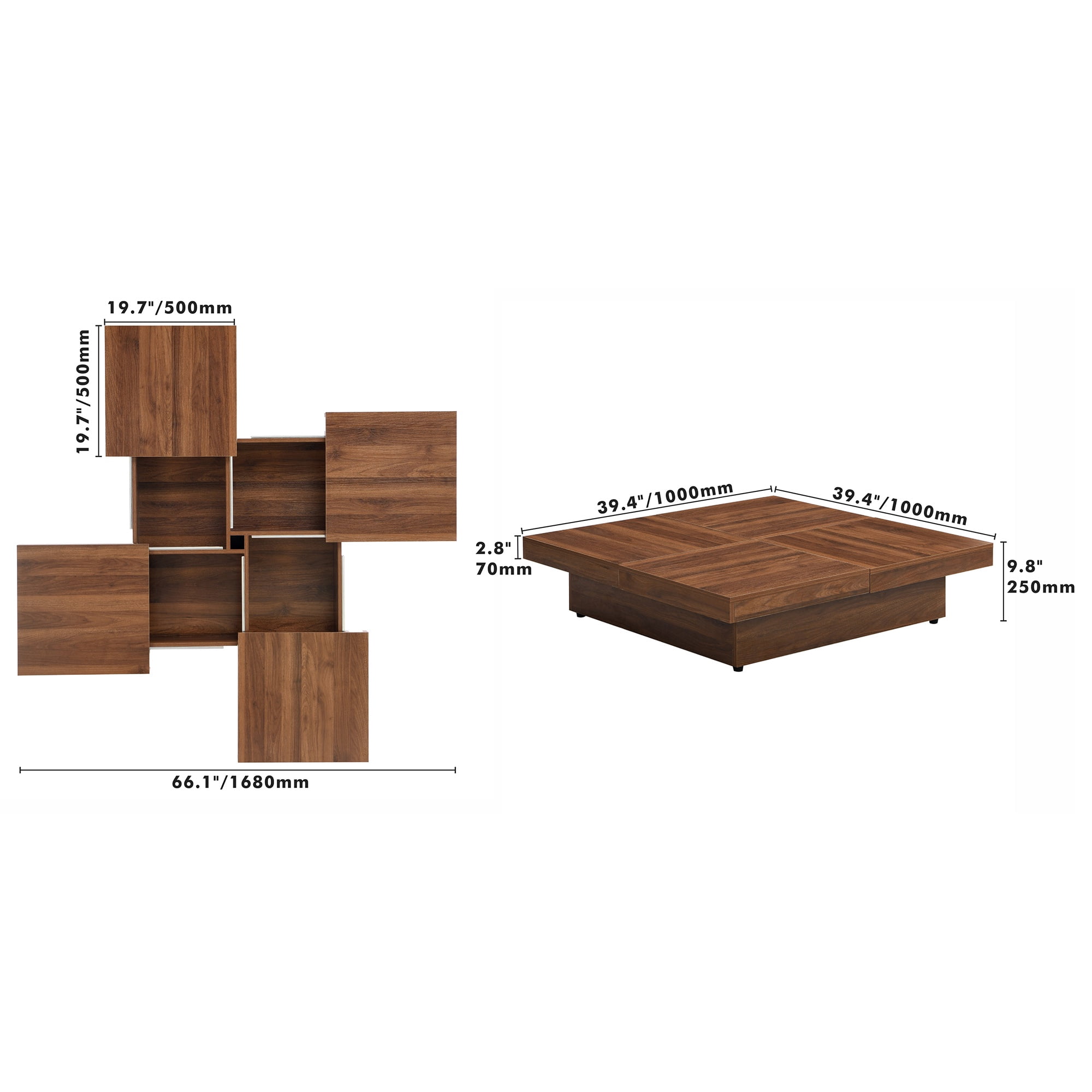 PORKISS Square Coffee Table, Modern Coffee Table with Sliding Top and Storage Space, Cocktail Table with Storage and Grain Veneer Finish, Freestanding Storage Coffee Table for Living Room, Walnut