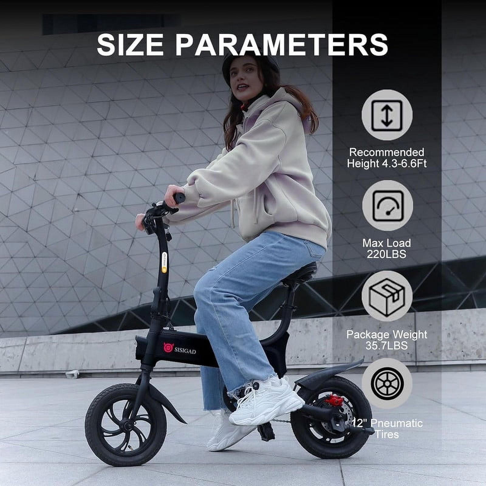 SISIGAD Folding Electric Bike, 12" x 1.75" Fat Tire Ebike for Adults Teens, 300W Motor up to 15 MPH Speed and 17 Miles Range with Disc Brakes, Black