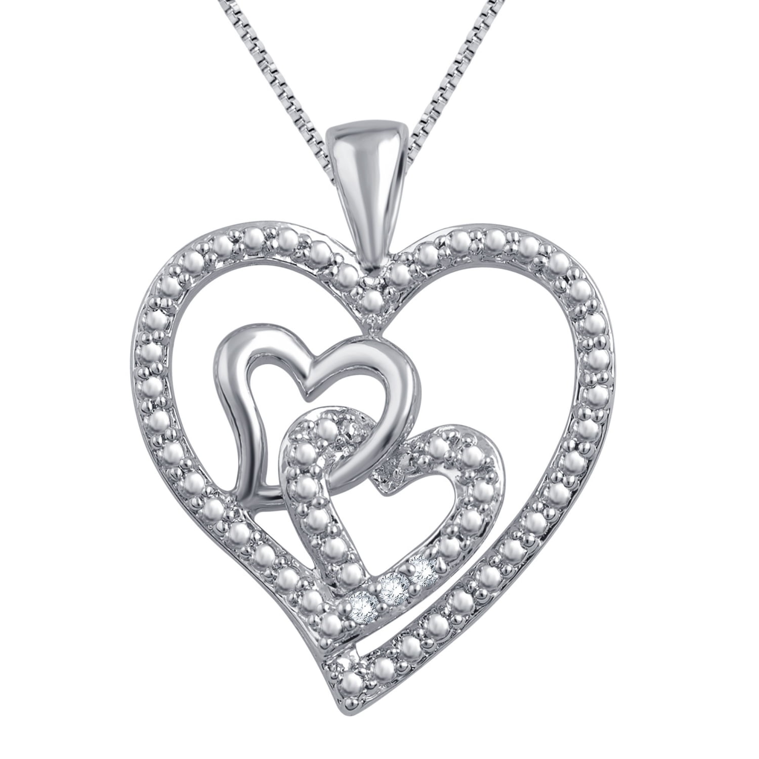Elegant 0.03 Carat Triple Heart Diamond Necklace In 14K White Gold Plated