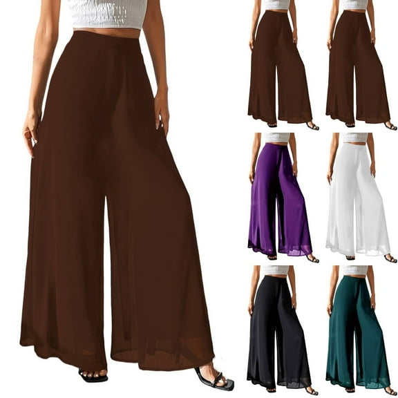 Chiffon Palazzo Pants for Women High Waist Wide Leg Loose Fit Flowy Lightweight Trousers Casual Spring Summer 2026 Fashion Pants Brown S