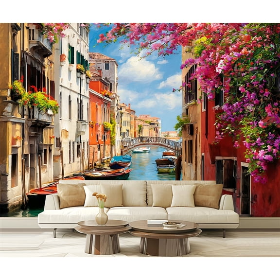 Wall Mural Peel and Stick Colorful Venice Canal Gondolas Flowering Balconies Sunlit Historic Self-Adhesive Wallpaper Removable Wall Decal Wall Sticker Home Decor for Living Room Bedroom 100"x144"