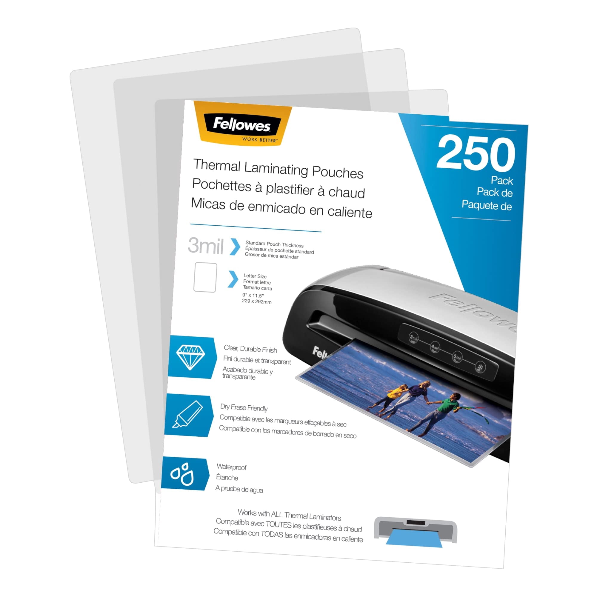 Fellowes® Thermal Laminating Pouches, Letter Size, 3 Mil, 9" x 11-1/2", Ultra-Clear, Pack of 250 Pouches