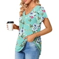 thumbnail image 3 of Camiseta con cuello en V para mujer, mangas cortas de pétalos, espalda plisada, línea media, blusas casuales holgadas, verde menta M, 3 of 5