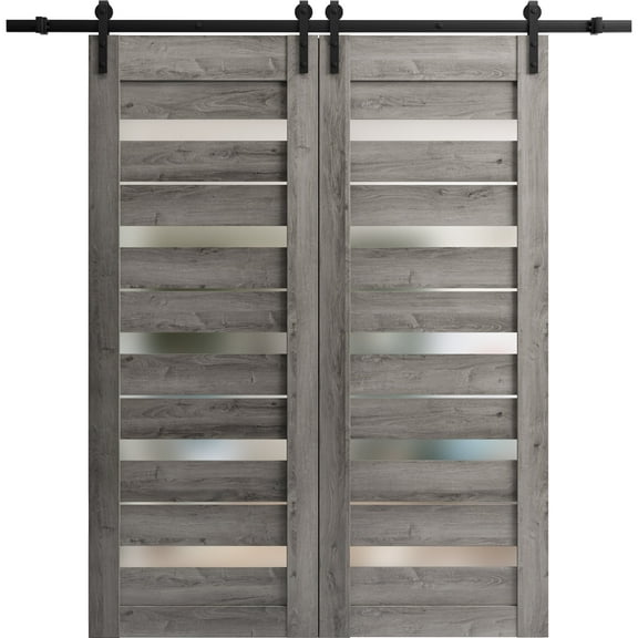 Sturdy Double Barn Door 48 x 80 inches | Quadro 4445 Nebraska Grey with Frosted Glass | 13FT Rail Hangers Heavy Set | Solid Panel Interior Doors