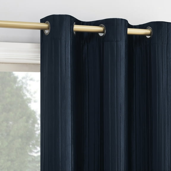 Sun Zero Cascade 1-Piece Pleated Velvet Blackout Grommet Curtain Panel, 40"X96", Navy Blue