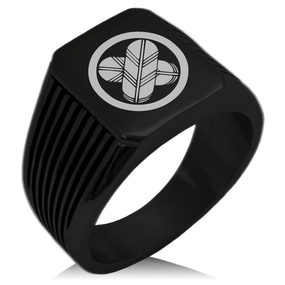 Stainless Steel Asano Samurai Crest Needle Stripe Pattern Biker Style Polished Ring