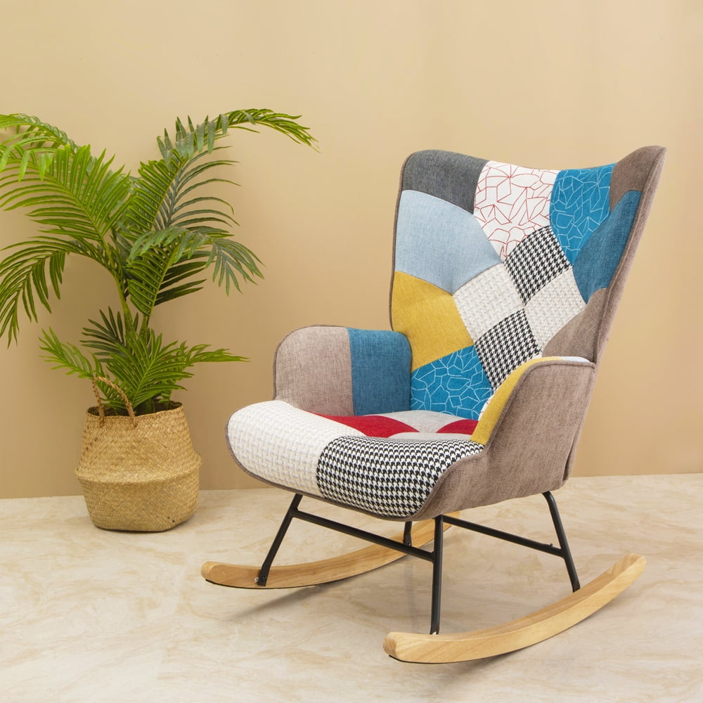 Resenkos Comfortable Relax Rocking Chair with Wood Legs and Patchwork Linen for Livingroom Bedroom,Colorful Resenkos Comfortable Relax Rocking Chair with Wood Legs and Patchwork Linen for Livingroom Bedroom,Colorful