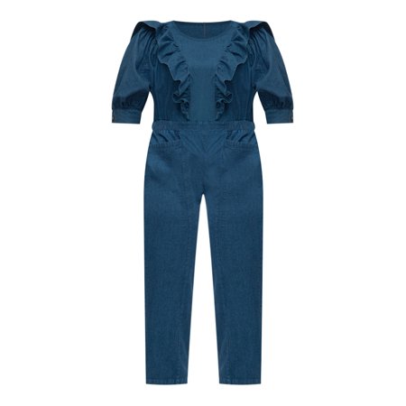 ELOQUII Elements Women's Plus Size Denim Jumpsuit With Ruffles