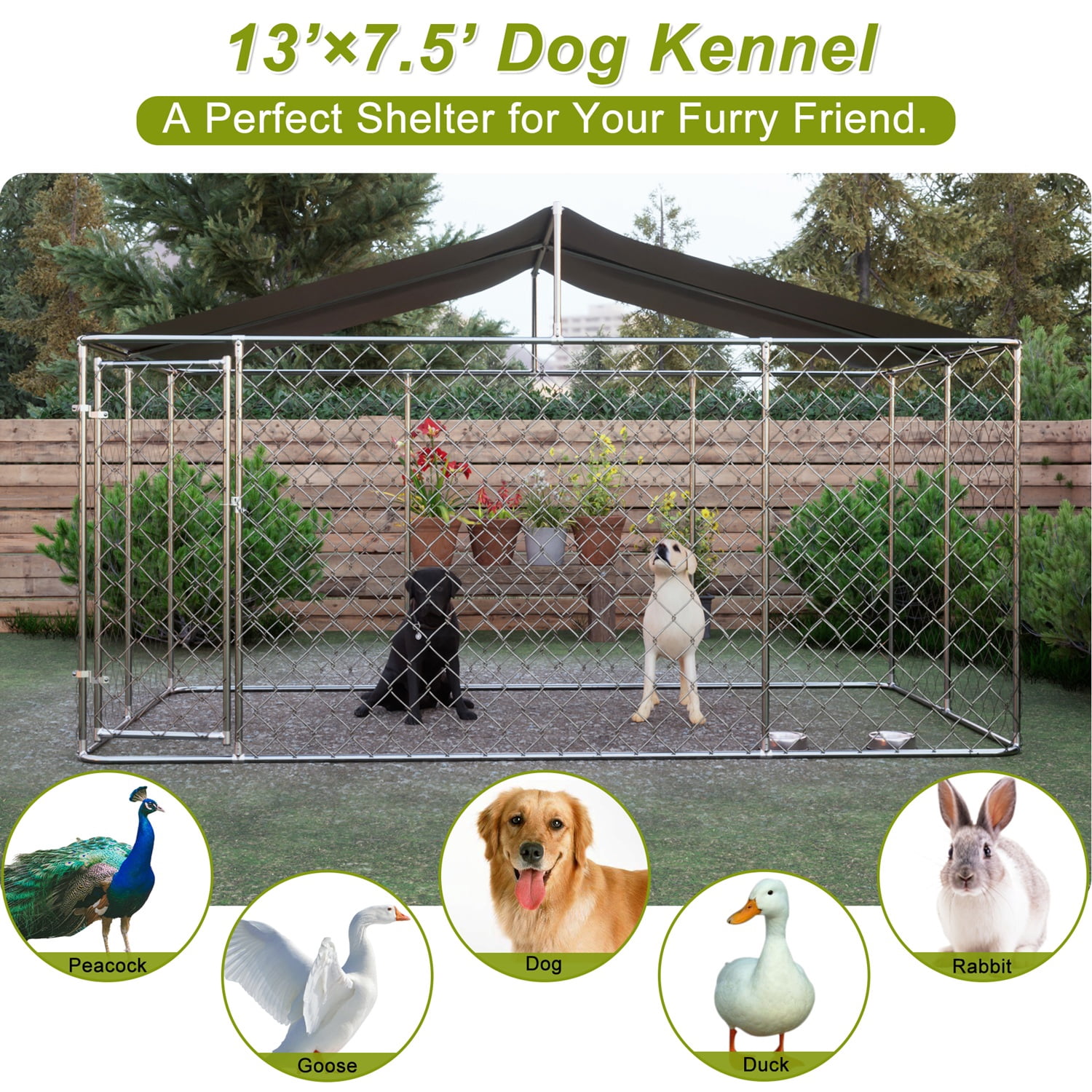 DetalleGo Large Outdoor Dog Kennel, Heavy Duty Galvanized Steel Dog Enclosure with Waterproof UV-Resistant Cover, Lockable Door Chain Link Playpen for Small to Large Pets (157" L x 90" W x 91" H)