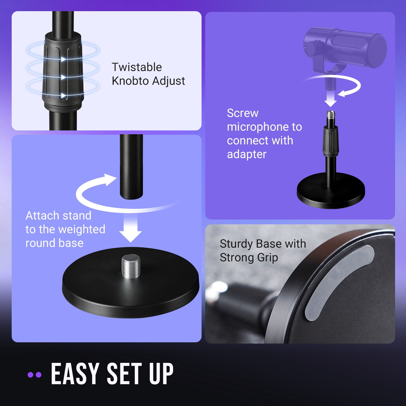 FIFINE Desktop Base Stand for Microphone, Heavy-Duty Adjustable Microphone Stand for 5.5in to 8.26in Heigh, 3/8" to 5/8" Adapter for Gaming Streaming